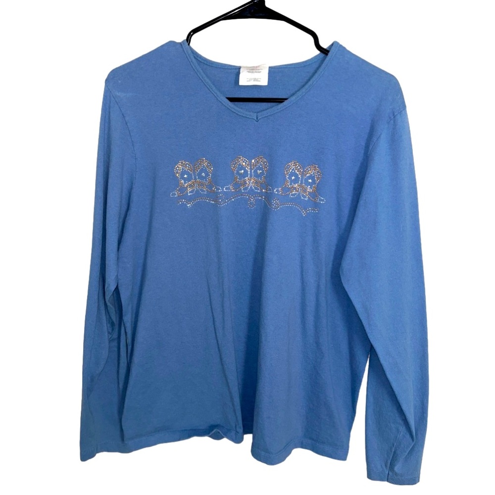 Vintage Rhinestone Cowboy Boots long-Sleeve Cotton Top